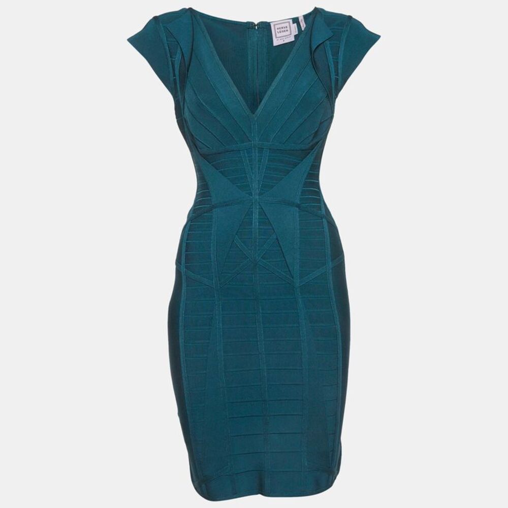 Herve Leger Teal Stretch Knit Bandage Mini Dress S
